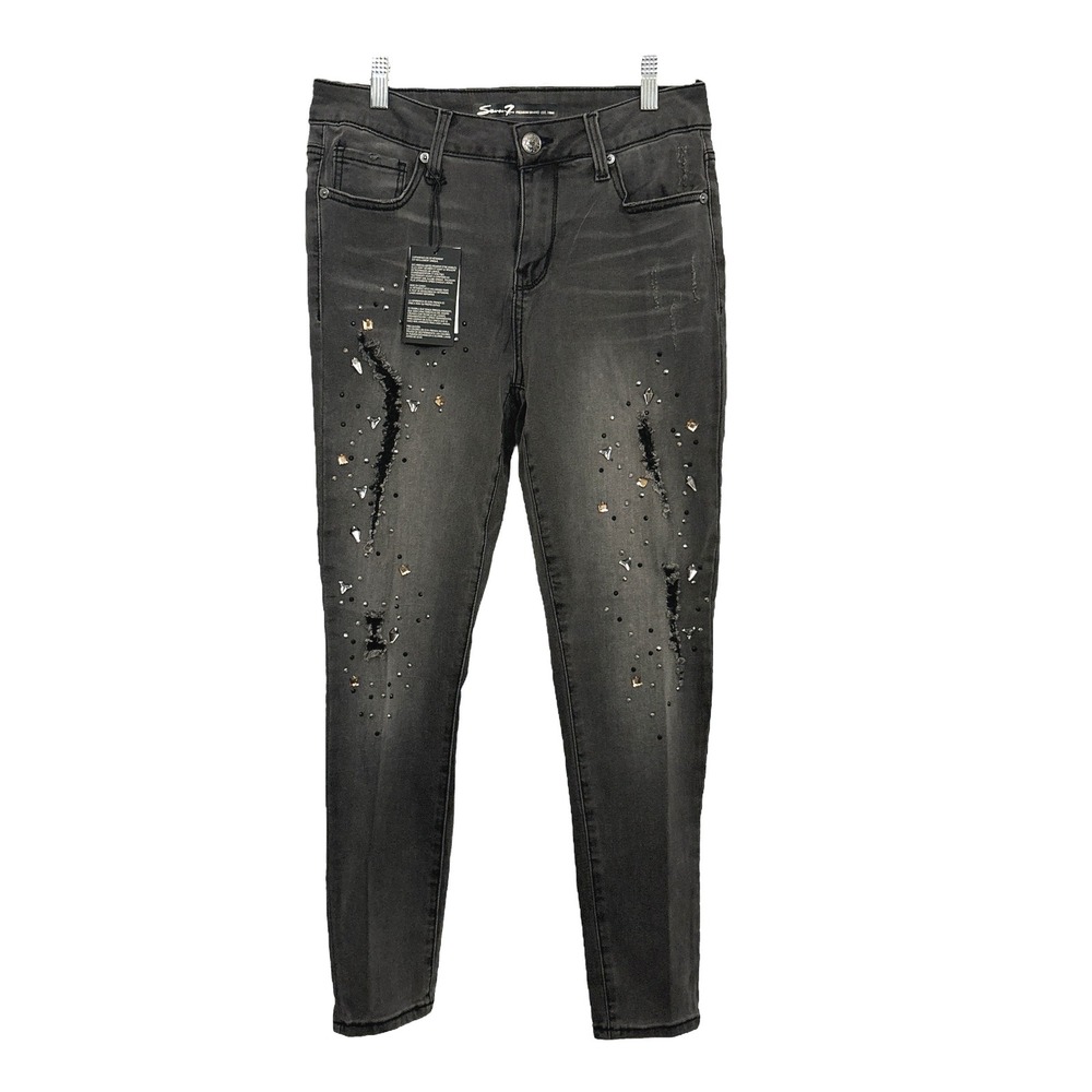 NEW Seven 7 Ankle Skinny Jeans Size‎ 8 Embellished Black Wash Distressed Denim